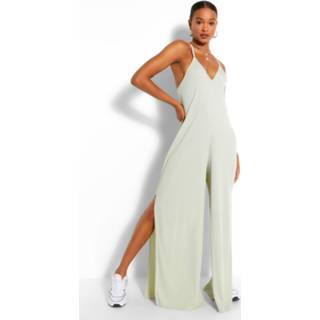 👉 Ribbed Strappy Oversized Split Leg Jumpsuit, Sage