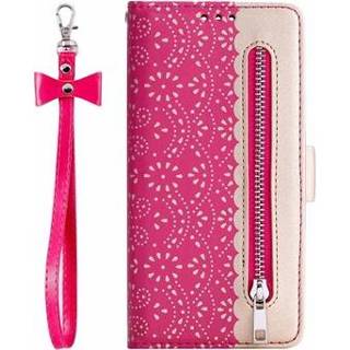 👉 Portemonnee roze Lace Pattern Samsung Galaxy A21s Portemonne Case Met Standaard - Hot Pink 5712580076799