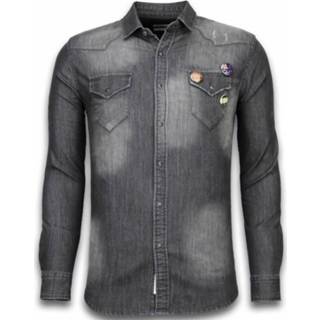 👉 Denim shirt katoen l male grijs Bread & Buttons spijker slim fit 7435143548578