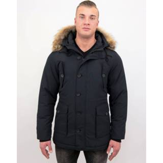 👉 Winterjas polyester l male blauw Tony Backer Lange met grote echte bontkraag 7435143985977