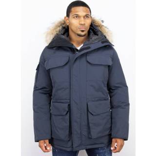 👉 Winterjas polyester l male blauw Beluomo Lange met bontkraag 8438473162635