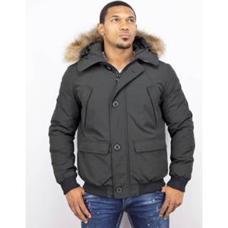 👉 Winterjas polyester l male zwart WARREN WEBBER kort met bontkraag 8438473156634