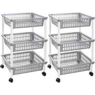 👉 Trolley zilver zilveren kunststof mannen Set van 2x stuks opberg trolleys/roltafels met 3 manden 62 cm