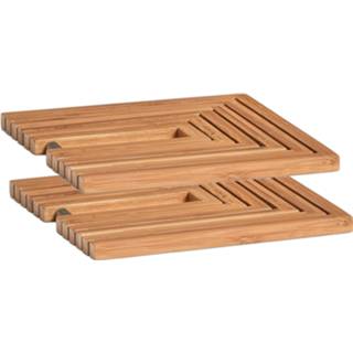 👉 Beige bamboe houten hout 2x pannenonderzetters uitklapbaar 19-34 x 19 cm