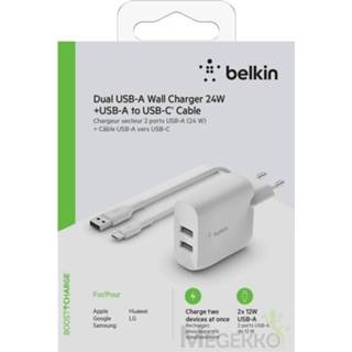 👉 Wit Belkin Dual USB-A Charger. 24W incl. USB-C Cable 1m. white 745883793778