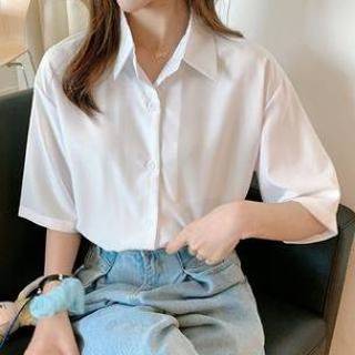 👉 Shirt blauw Short-Sleeve Open Collar Chiffon