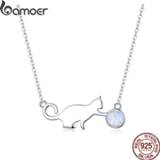 👉 Zilver senioren vrouwen meisjes Bamoer Authentic 925 Sterling Silver Naughty Pussy Cat with Ball Opal Link Chain Necklace for Women Party Girl Gifts SCN395