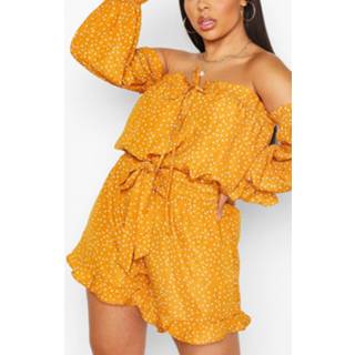 👉 Plus Polka Dot Bardot Ruffle Romper, Mustard
