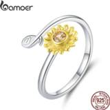 👉 Zilver goud vrouwen Bamoer Genuine 925 Sterling Silver Sunflower Open Finger Rings for Women Gold Color Daisy Flower Korea Style Jewelry BSR127