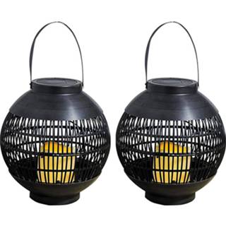 👉 Lampion zwarte 2x Buiten/tuin rotan lampionnen/hanglantaarns 20 cm solar tuinverlichting