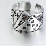 Zirconia zilver Playing Card Chunky Cubic Engraved Adjustable 925 Sterling Silver Ring For Men Vintage Wholesale Jewelry