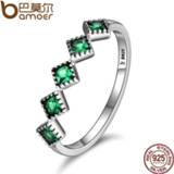 👉 Donkergroen zilver vrouwen BAMOER High Quality 925 Sterling Silver Stackable Square Green CZ Finger Rings for Women Wedding Engagement Jewelry Gift SCR097