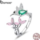 👉 Zilver vrouwen BAMOER 100% 925 Sterling Silver Adjustable Hummingbird Gift Luminous Clear CZ Finger Rings for Women Jewelry BSR016