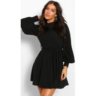 👉 Ballon vrouwen High Neck Balloon Sleeve Belted Skater Dress