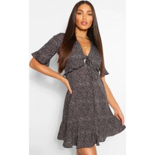 👉 Tall Woven Spot Print Ruffle Front Tea Dress, Black