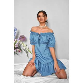 👉 Chambray Bardot Puff Sleeve Mini Dress, Mid Blue