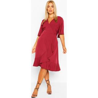 👉 Plus Woven Ruffle Wrap Dress, Berry