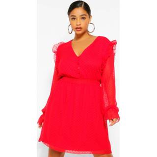 👉 Skater dress rood vrouwen Plus Dobby Mesh Shirred Waist Dress, Red