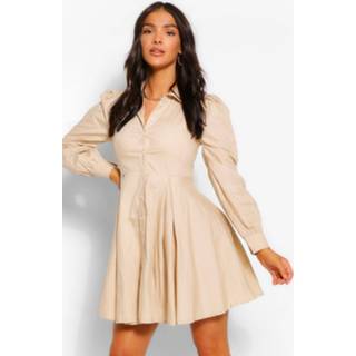 Cotton Balloon Sleeve Pleat Detail Shirt Dress, Stone