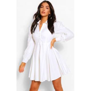 👉 Ballon wit vrouwen Cotton Balloon Sleeve Pleat Detail Shirt Dress, White