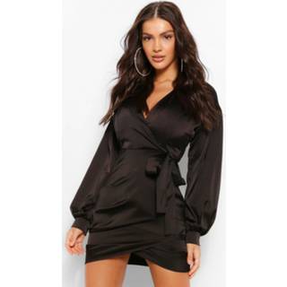 👉 Satin Wrap Puff Sleeve Mini Dress, Black