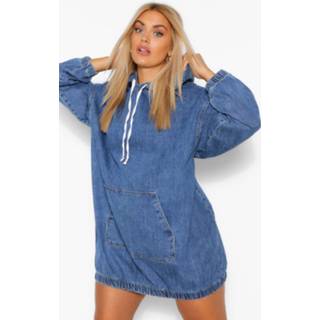 👉 Plus Hooded Denim Pullover Dress, Mid Blue