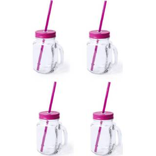 👉 Drinkbeker roze kinderen 8x stuks glazen Mason Jar drinkbekers dop en rietje 500 ml