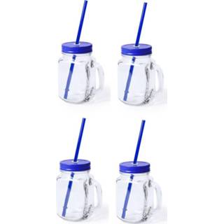 👉 Drinkbeker blauwe kinderen 6x stuks glazen Mason Jar drinkbekers dop/rietje 500 ml