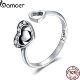 👉 Zilver vrouwen BAMOER 925 Sterling Silver Heart in Pave CZ Open Finger Ring Crystal Rings for Women Authentic Jewelry Gift SCR168