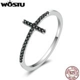 👉 Zirconia zwart zilver vrouwen WOSTU 100% Pure 925 Sterling Silver Belief Cross Finger Rings With Black Stone For Women Party Gift Jewelry CQR067