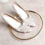 👉 Shoe wit Bride Pumps White Shoes Satin Glass Flowers Pointed Toe Silk Material Thin Heels 3cm 6cm 9cm Brand Party Plus Size