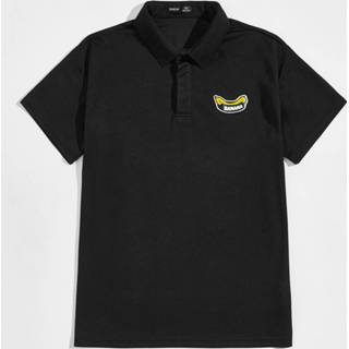 👉 Poloshirt polyester zwart mannen Preppy Tekst voor man Patched