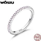 👉 Roze zilver vrouwen WOSTU Real 925 Sterling Silver Glitter Pink CZ Stackable Circle Finger Rings For Women Engagement Jewelry CQR066