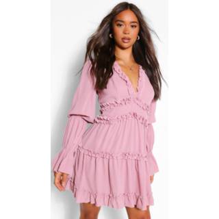 👉 Shirt vrouwen mauve Ruffle Trim Drape Sleeve Skater Dress,