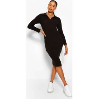 👉 Polo Collar Rib Knit Midi Dress, Black