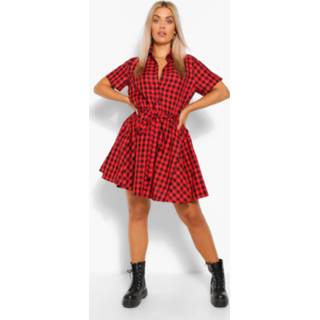 👉 Plus Gingham Tie Waist Shirt Dress, Red