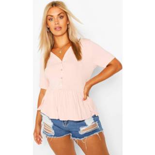 Plus Button Through Short Sleeve Smock Top, Blush