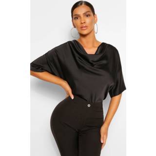 👉 Satin Cowl Neck Short Sleeve Blouse, Black