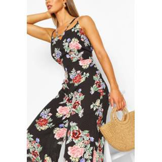 👉 Floral Polka Dot Strappy Culotte Jumpsuit, Black