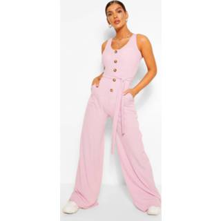 👉 Horn Button Ribbed Tie Belted Jumpsuit, Lilac