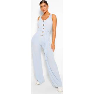 👉 Horn Button Ribbed Tie Belted Jumpsuit, Pale Blue