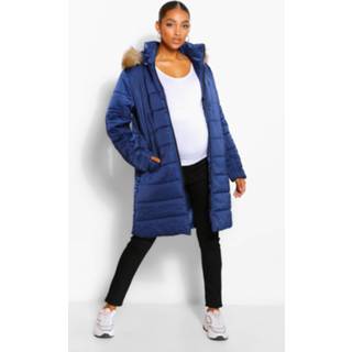 Maternity Padded Faux Fur Trim Coat, Navy