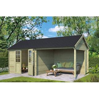 👉 Tuin huisje olijfgroen Outdoor Life Products | Tuinhuis met Overkapping Fraya 570 x 275 Geïmpregneerd 8711471581708