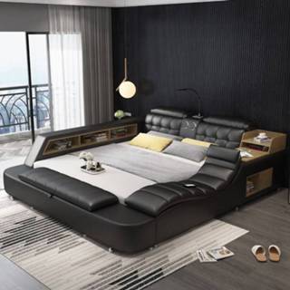 👉 Massager leather Genuine bed frame Soft Beds storage safe speaker LED light Bedroom cama iphone recharging bluetooth USB