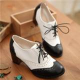 👉 Wingtip zwart wit vrouwen 2020 Women Chunky Heel Oxford Shoes Vintage High Heels Dress Pumps Round Toe Lace Up Retro Ladies Black and White