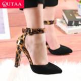 👉 Sandaal PU leather vrouwen QUTAA 2020 Women Pumps Leopard Flock Sandals Square High Heels Pointed Toe Buckle Fashion Summer Shoes 34-43