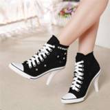 👉 Shoe zwart blauw canvas vrouwen Women Shoes Denim High Heels Rivets Fashion Laces Sneakers Short Women's Pumps black blue