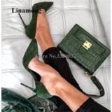 👉 Stiletto donkergroen suede leather vrouwen Women Classical Style Pointed Toe Dark Green Heel Pumps Slip-on High Heels Formal Dress Shoes Wedding