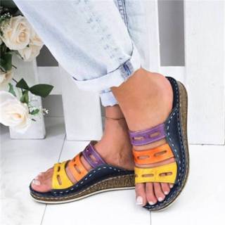 👉 Sandaal PU leather vrouwen 2020 Summer Sandals Women Color Stitching Flat Soft Thick Bottom Shoes Woman Sapato Feminino