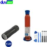 👉 Zaklamp DUV 10ML TP-2500 LOCA UV glue liquid optical clear adhesive + 9 LED Flashlight 8-in-1 LCD touch screen opening tool